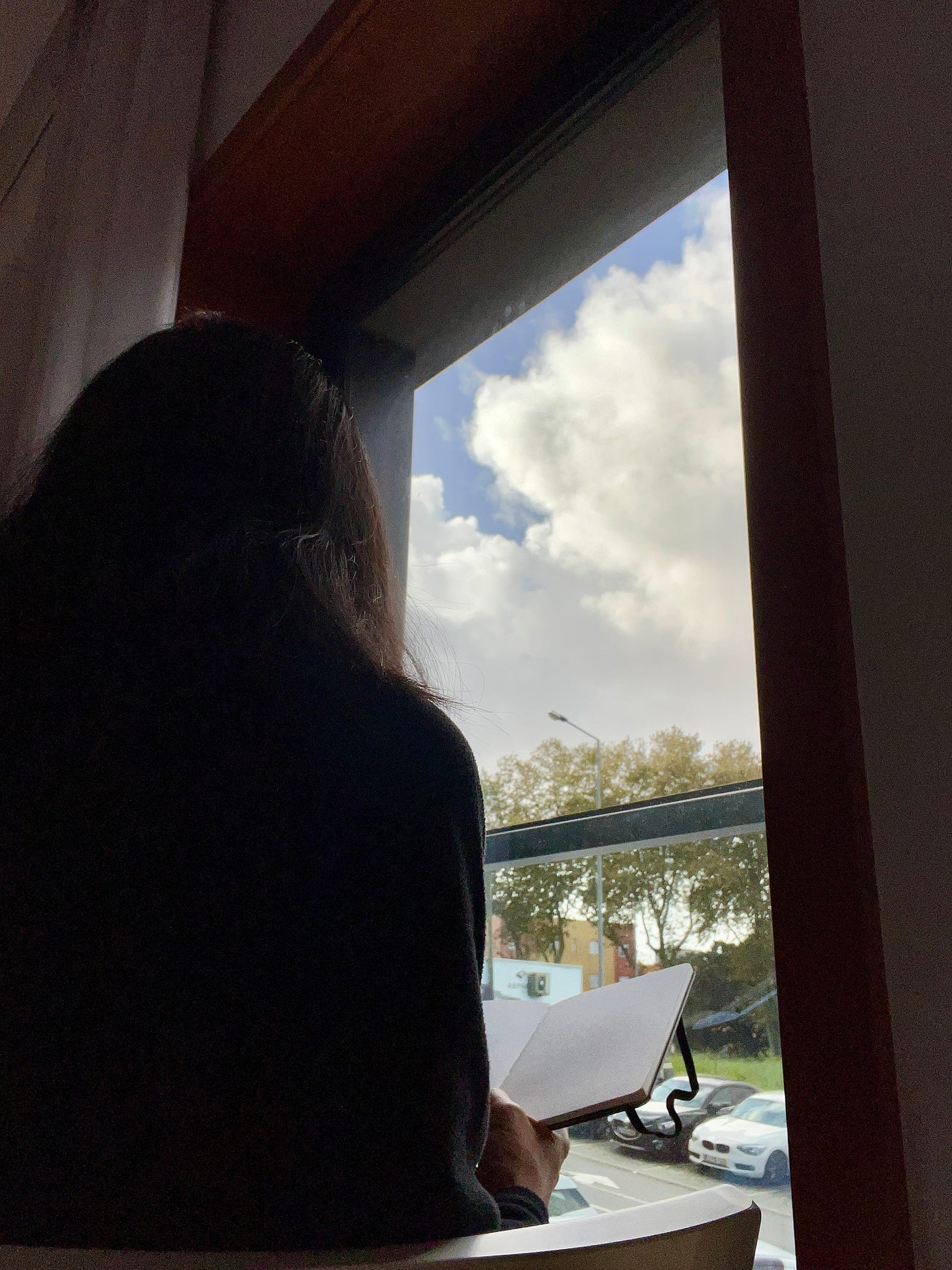 image: a woman's back, facing the window, with trees in the distant, she's holding a sketchbook and is engrossed in her drawing.