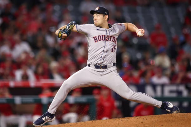 Yusei Kikuchi of the Houston Astros pitches in the third inning against the Los Angeles Angels at Angel Stadium of Anaheim on September 13, 2024 in...