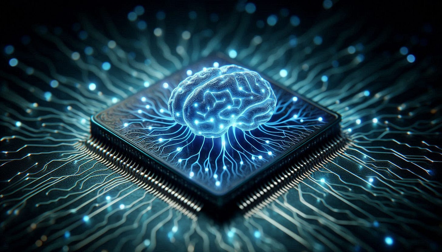 Cérebro brilhante e digital flutuando sobre um chip de computador, com linhas de conexão luminosas irradiando em todas as direções, simbolizando inteligência artificial e processamento neural. Cérebro brilhante e digital flutuando sobre um chip de computador, com linhas de conexão luminosas irradiando em todas as direções, simbolizando inteligência artificial e processamento neural.