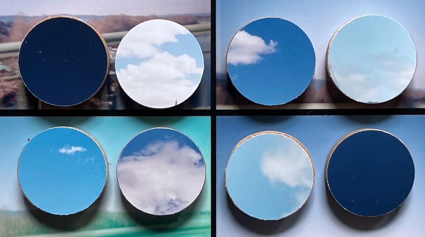 collage made using a photo with 4 views of a landscape; overlaid are 8 wooden circles that are decorated with photographs of clouds and sky in different lighting conditions