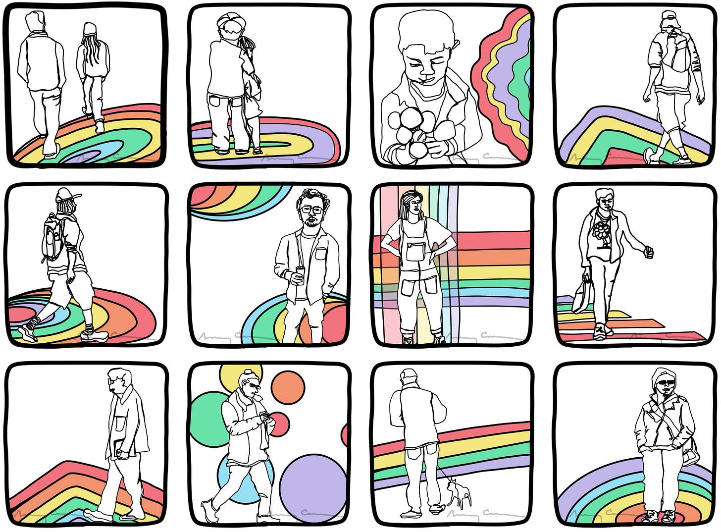 Series of 12 panels with contour drawings of people and rainbow elements in the background