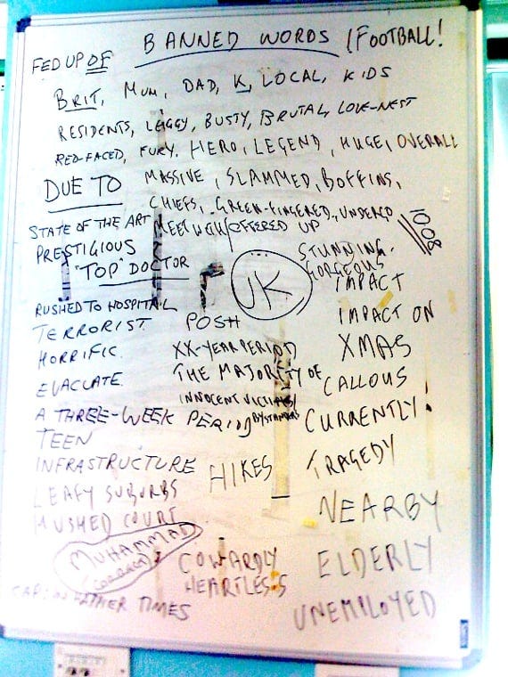 Photo of a whiteboard on which is written a list of banned clichés.