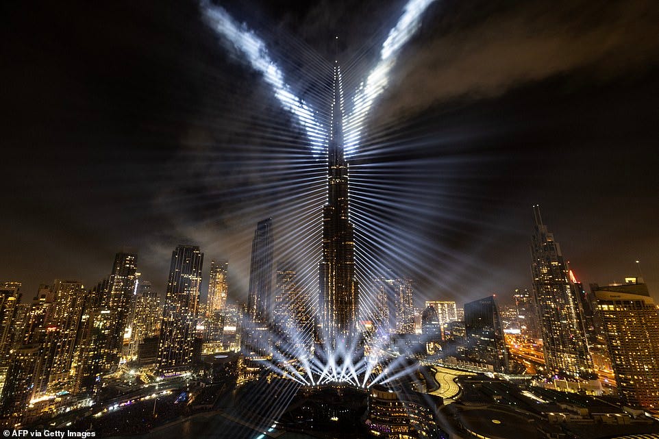 DUBAI: This photograph shows fireworks exploding around the Burj Khalifa Tower during New Year's celebrations in Dubai on January 1, 2025