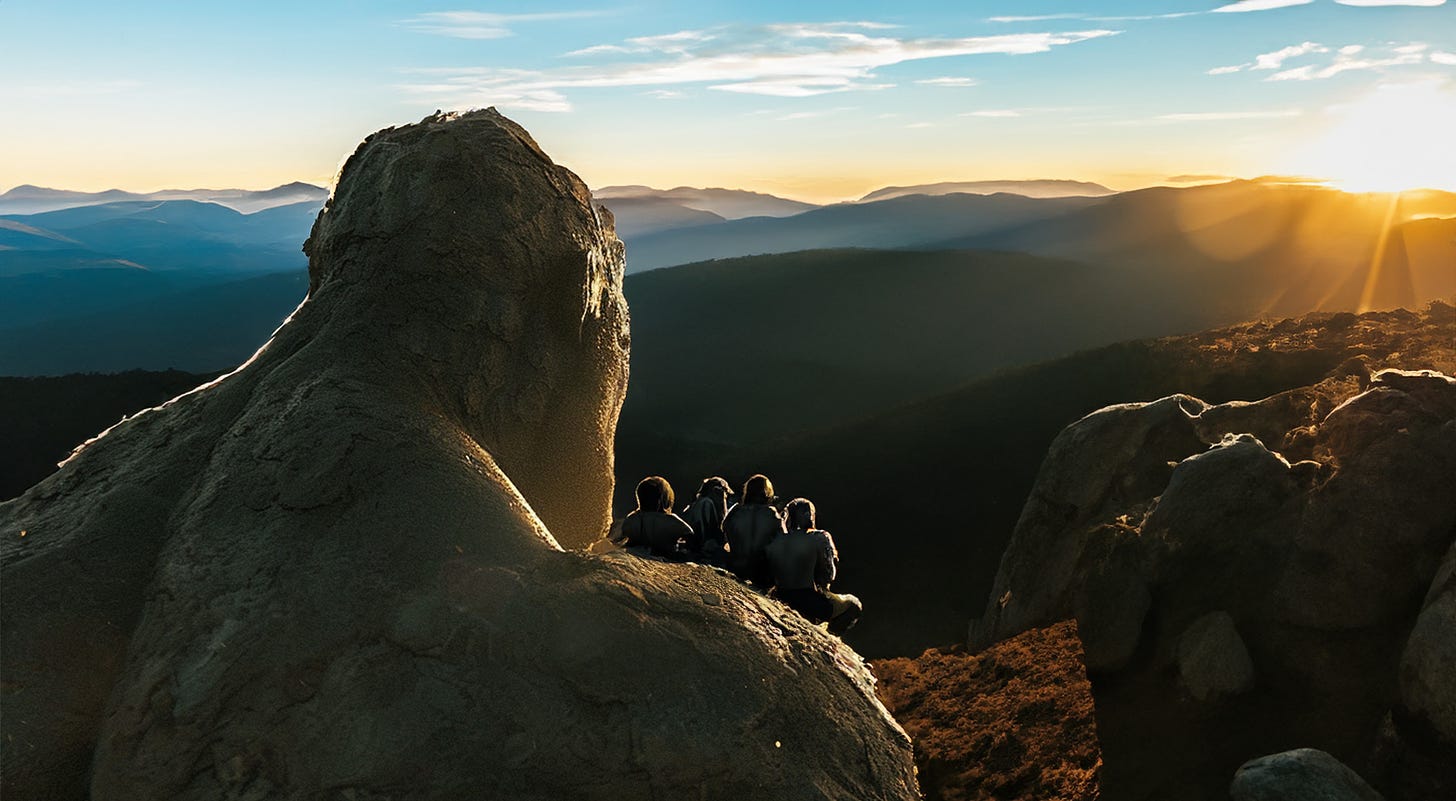 Illustration: A group of people is sitting on the shoulder of a giant, looked at from behind, all facing the sunrise between mountains in the distance