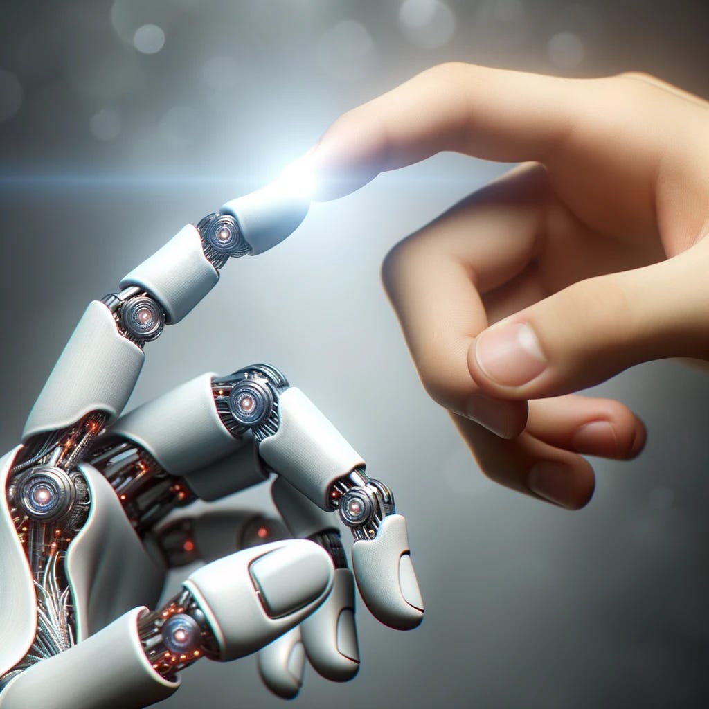 Photo of a detailed robot hand and a human hand of Asian descent touching fingers in a symbolic gesture of unity against a blurred background.