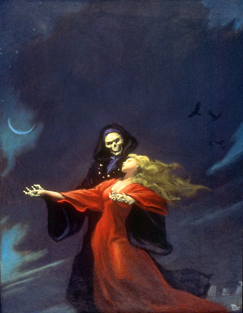 A woman wearing a red satin dress leans back against a skeleton cloaked in black with violet trim on the hood. Her long blonde hair sweeps back with motion as her right arm is extended to its bony grasp. Its other arm wraps around her as it leads her in the Danse Macabre. Her eyes are closed as Death looks down upon her in a fixed stare. A crescent moon hangs almost obscured by a dark cloudy sky. In silhouette, ravens glide effortlessly in the night.