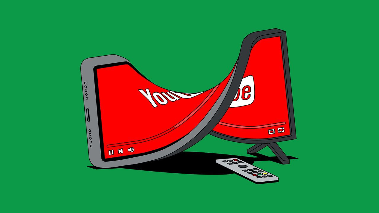 An illustration depicting a smartphone and a television, both displaying the YouTube logo on red screens. The phone and TV screens are warped, bending and merging into each other.