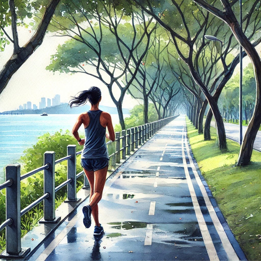 A watercolor painting of a woman with a ponytail running on a path lined with trees at the East Coast of Singapore. The woman has a darker skin tone, is wearing running gear, and the path has no railings. The scene is peaceful, with the sea visible in the background and a light breeze blowing through the trees after a rain. Reflections on the wet path add a sense of freshness. The overall atmosphere is serene and recharging, with greenery surrounding the path.