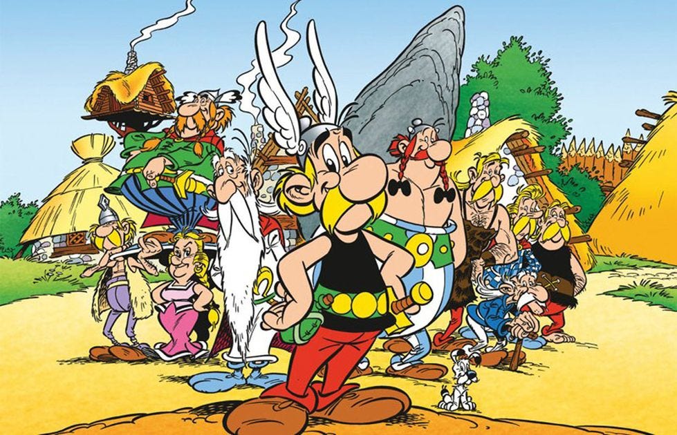 Tutti i personaggi di Asterix e Obelix di fronte al loro villaggio