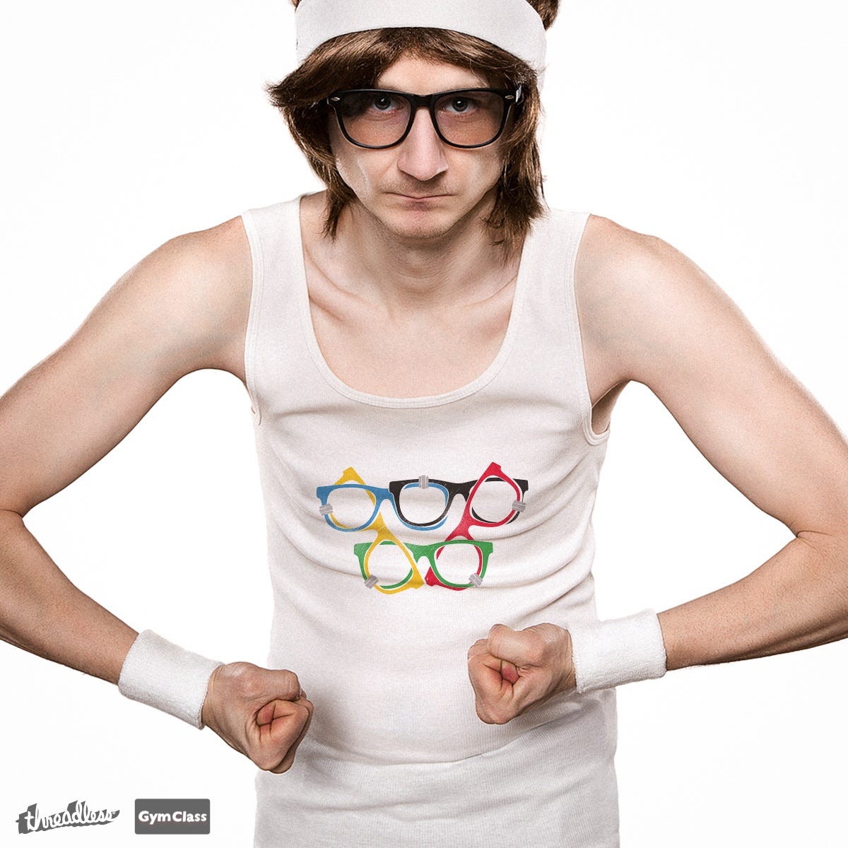 a skinny white man in nerdy glasses wears a tank top with glasses on it configured to look like the olympics logo