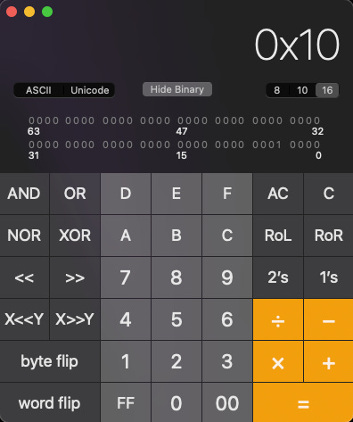 macOS calculator app in programming mode