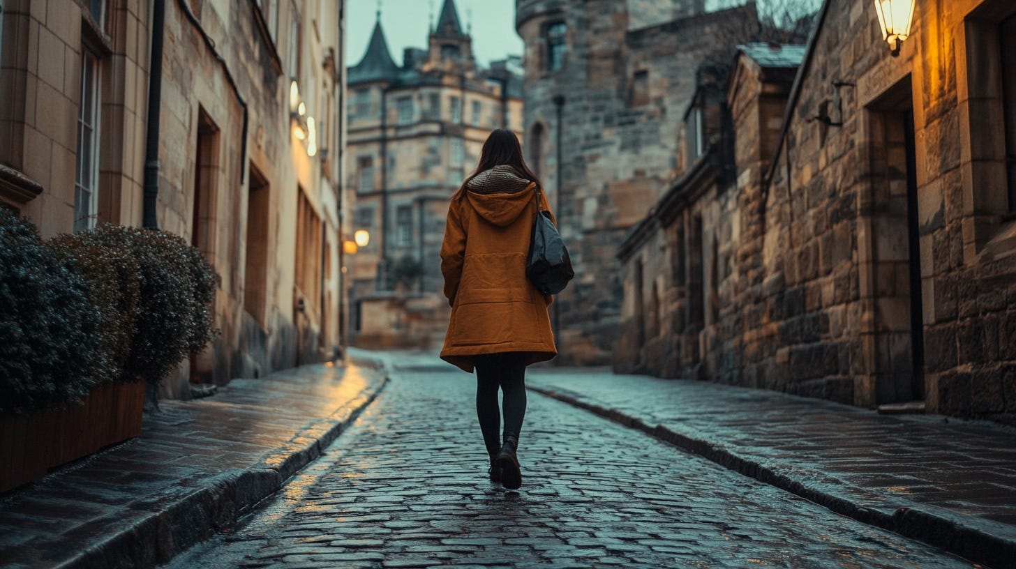 A woman walking through a city.