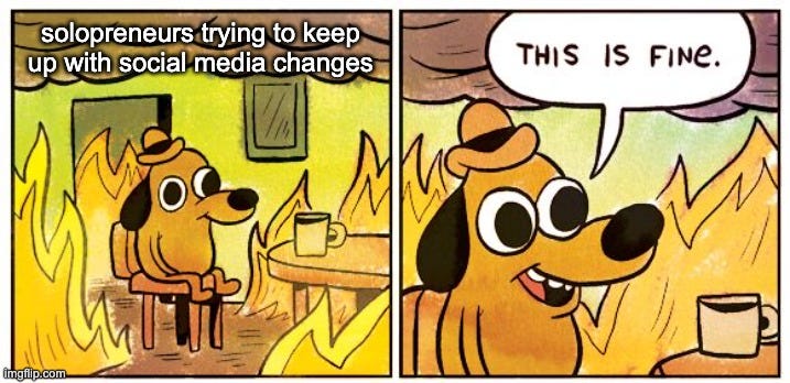 a meme pointing out how hard it is for solopreneurs to keep up with social media changes