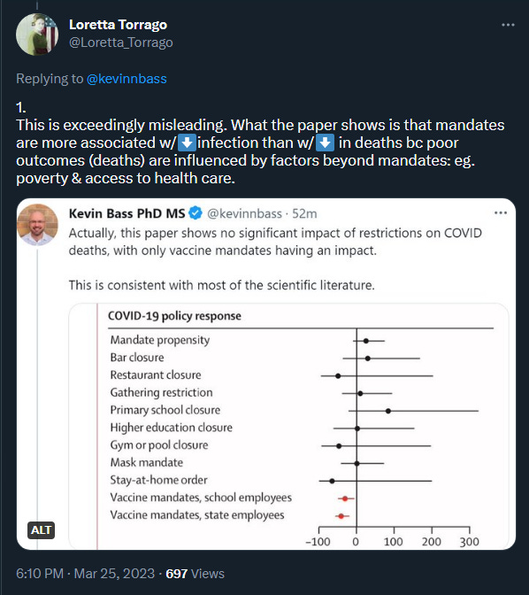 A tweet by Loretta Torrago correcting Kevin Bass on his claim that COVID protections did not save any lives. Bass misrepresents a scientific paper to justify his pro-viral stance.