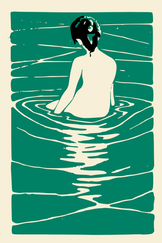 Illustrazione digitale di una ragazza di spalle, immersa in un fiume.