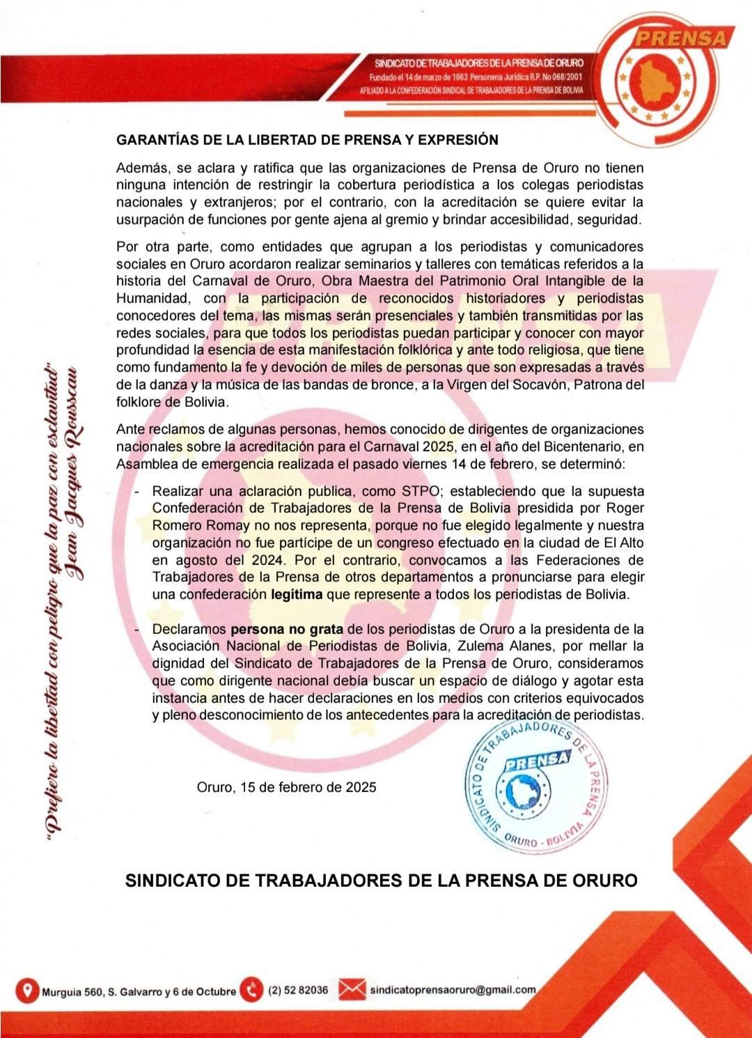 Puede ser una ilustración de texto que dice "GARANTÍAS Además, ninguna intención PRENSA EXPRESIÓN usurpación funciones otra gente ajena organizaciones Prensa Oruro tienen periodistica colegas periodistas con acreditación quiere evitar gremio brindar agrupan los periodistas Obra mismas comunicadores referidosa Oral profundidad| que esencia presenciales manifestación devoción dela danza música Bolivia. religiosa, bronce, reclamos sobre Asamblea emergencia través del Socavón, Patrona para hemos conocido 2025, aclaración Confederacion organizaciones Bicentenario, determinó: representa, STPO; estableciendo Prensa fue agosto Trabajadores Roger lAlto departamentos persona pronunciarse grata como dirigente antes Bolivia, Prensa Oruro presidenta Alanes, debia OS esta criterios equivocados Oruro, de febrero 2025 SINDICATO DE ORURO DE LA PRENSA DE ORURO"