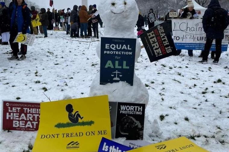 A snowman adorned with signs at the 51st March for Life, Jan, 19, 2024