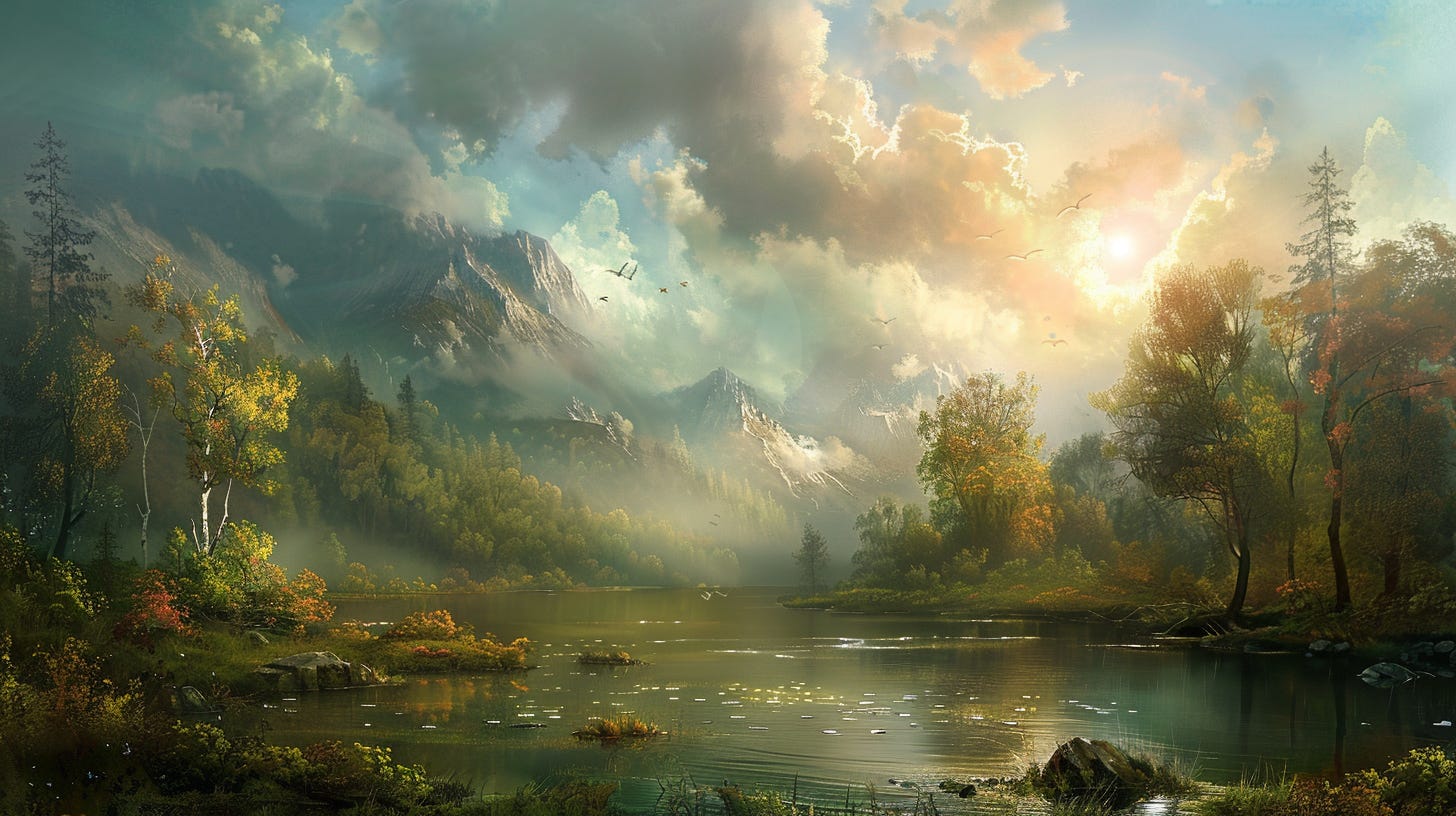 Pretty landscape reminiscent of Hudson River School's style but that rings false.