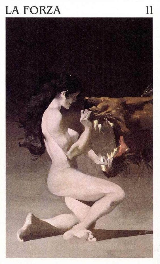 Tarot card art, La Forza, depicting a naked woman kneeling in profile, holding open the jaws of a lion