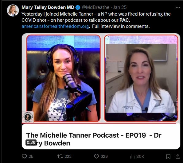 Mary Bowden tweet: "Yesterday I joined Michelle Tanner - a NP who was fired for refusing the COVID shot - on her podcast to talk about our PAC, http://americansforhealthfreedom.org.  Full interview in comments."