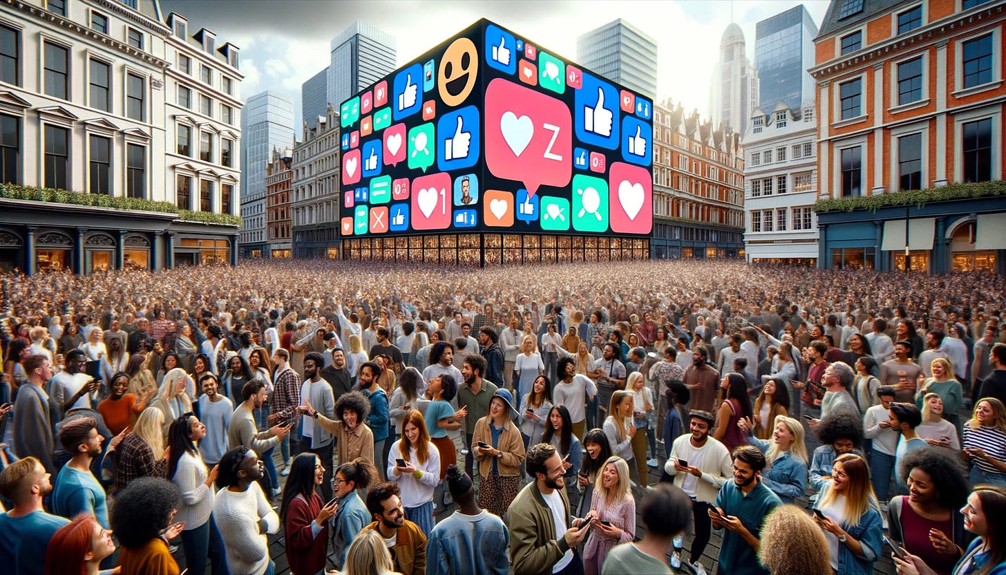 Photo of a lively town square packed with diverse groups of people including white, black, brown, and Asian individuals of various genders, all immersed in animated discussions. Dominating the center is a grand digital screen showcasing a generic social media platform. Floating above are icons and emojis that signify likes, comments, and shares, devoid of any recognizable brand logos. The mood is distinctly upbeat, with individuals smiling, chatting, laughing, and exuding a sense of joy, many of them animatedly waving their smartphones.