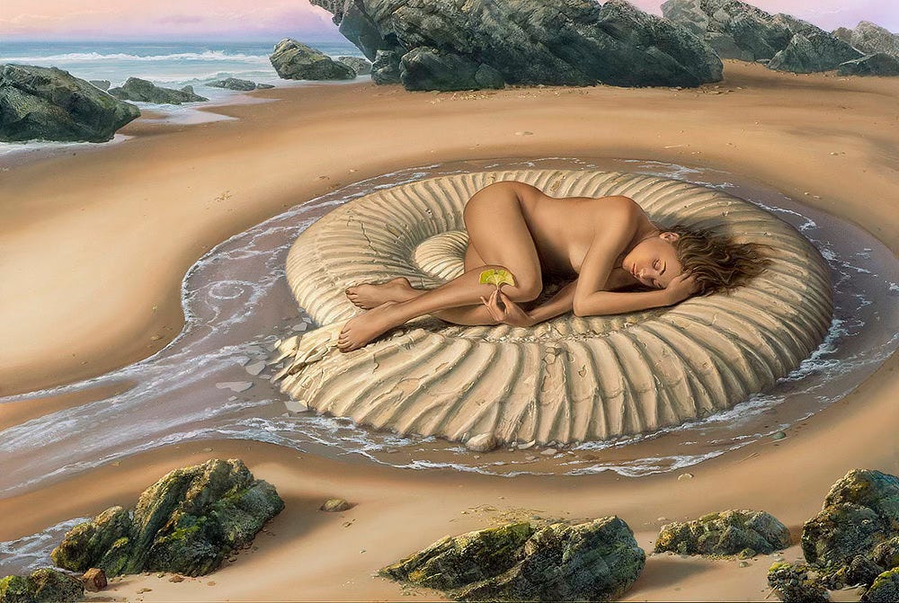 On the beach, a shallow ring of water forms around an ammonite fossil. Curled up and naked, a woman lies on her side atop the ridged surface of the spiral. Her eyes are closed as if she's asleep…or perhaps lost deep in contemplation. Her arms are a tangle, with one bent to sink fingers into her dark blonde hair. Beneath her, the other arm extends past the point of her knee to hold up the fanned leaf of a gingko tree against the smooth skin of her calf. Small shards crack off the ammonite as the water retreats over smooth sand. In the immediate foreground mossy rocks jut out of the sand. In the background, larger angled rock formations partially obscure the horizon but open enough to provide a view of the frothy surf rolling in.