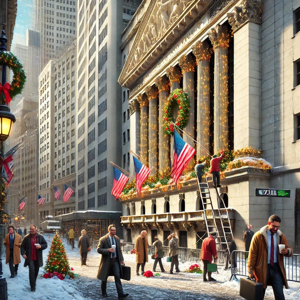 A realistic depiction of Wall Street on the first day back to work after the holidays, with more people removing holiday decorations. The New York Stock Exchange building is prominently featured, with workers taking down festive lights, wreaths, and garlands. The scene includes more businesspeople walking by in winter coats, holding coffee cups and briefcases, while snow remnants linger on the sidewalks. The atmosphere conveys a sense of transition and bustling activity, as the financial district shifts from the festive holiday mood back to business as usual.