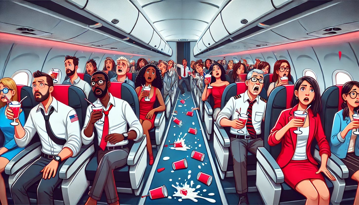 A jet plane cabin filled with passengers of diverse races, ethnicities, and genders, experiencing turbulence. The passengers are wearing red, white, and blue outfits, now changed into pants. They are struggling to sip their cocktails from plastic cups due to the turbulence, with drinks spilling and passengers looking concerned but not scared. No objects or additional elements in the background.