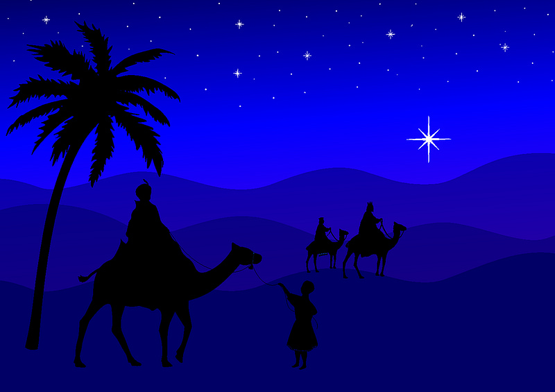 Midnight blue-tinted graphic of three wise men following the star with a palm tree to the left