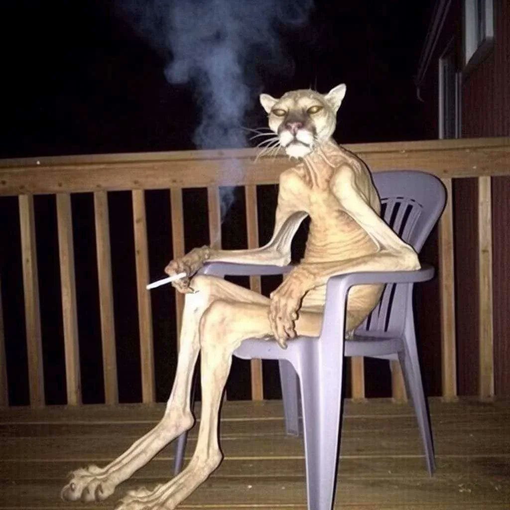a... a humanoid mountain lion? an emaciated mountain lion? sitting in a chair on someone's deck, holding a cigarette and looking grumpily at the camera.
