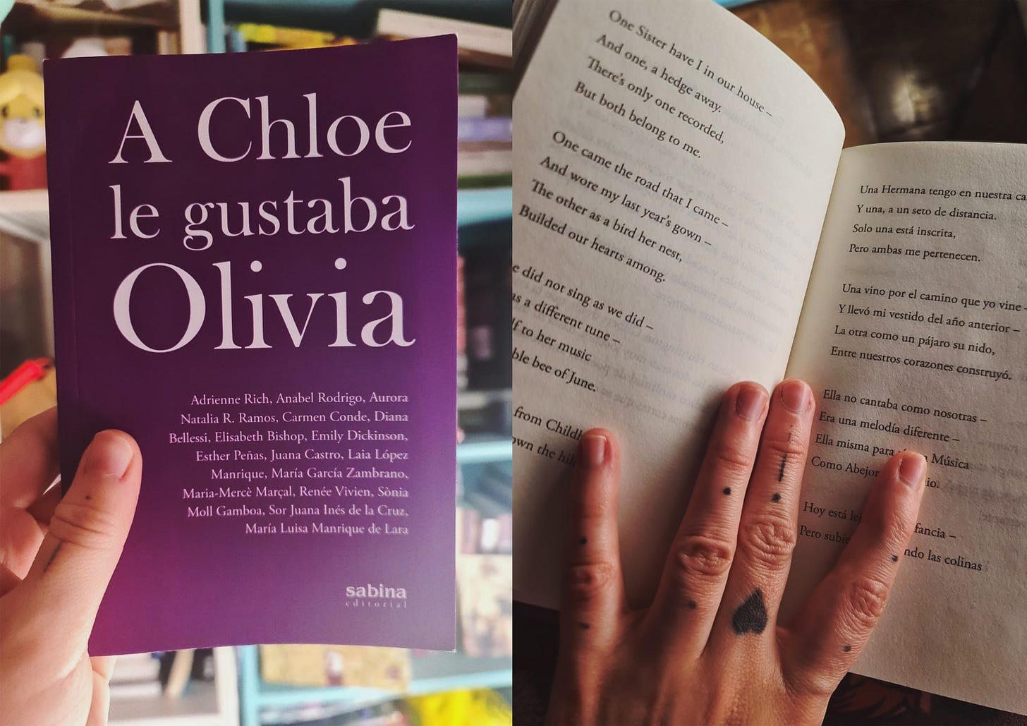 Dos fotografías. A la izquierda la portada del libro, a la derecha el libro abierto con un poema de Dickinson en inglés y español.