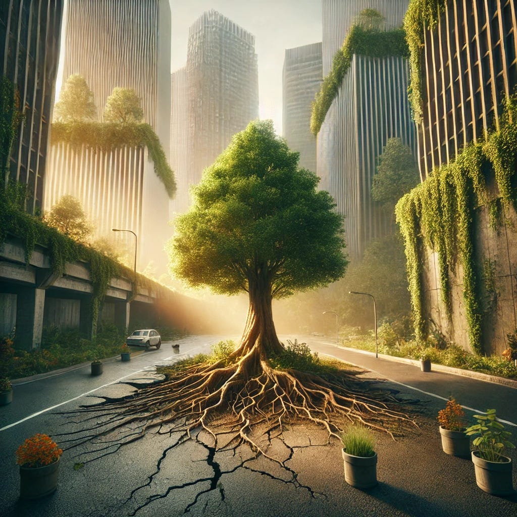 A conceptual and symbolic image representing themes of Organic Radicalism, Criminocracy, Rothschild influence, Capture, and Withness, without using any text or words. The scene should depict a harmonious blend of nature and urban life. Show a large, healthy tree with deep roots growing through cracks in the pavement in the foreground, symbolizing resilience and organic growth. The background should feature tall skyscrapers covered with greenery and vines. The atmosphere should be hopeful, with warm, soft light, representing renewal and harmony. No text should be present in the image.