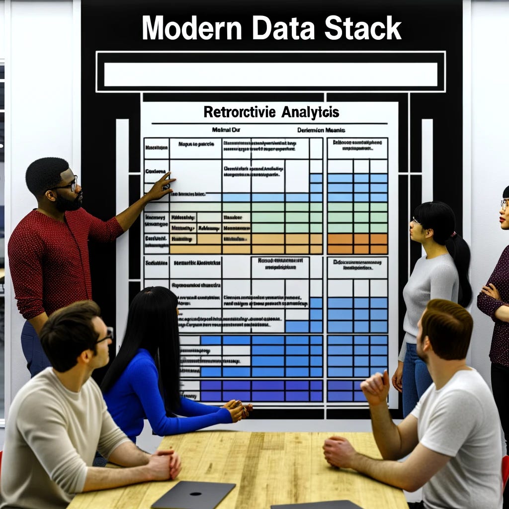 In a modern, inclusive office environment, a large whiteboard stands out prominently. The top of the whiteboard boldly displays the phrase 'Modern Data Stack'. Beneath this, a detailed retrospective analytics matrix is neatly diagrammed, showcasing essential metrics for evaluating data engineering efficiency and areas of improvement. In front of the whiteboard, four data engineers of diverse ethnicities and genders are deeply engaged in analyzing the content. They exhibit a mix of focus and curiosity, with some pointing to specific parts of the matrix and others in deep discussion. Their diverse appearances reflect a commitment to inclusivity and collaboration within the tech industry, highlighting the importance of diverse perspectives in tackling complex data challenges.