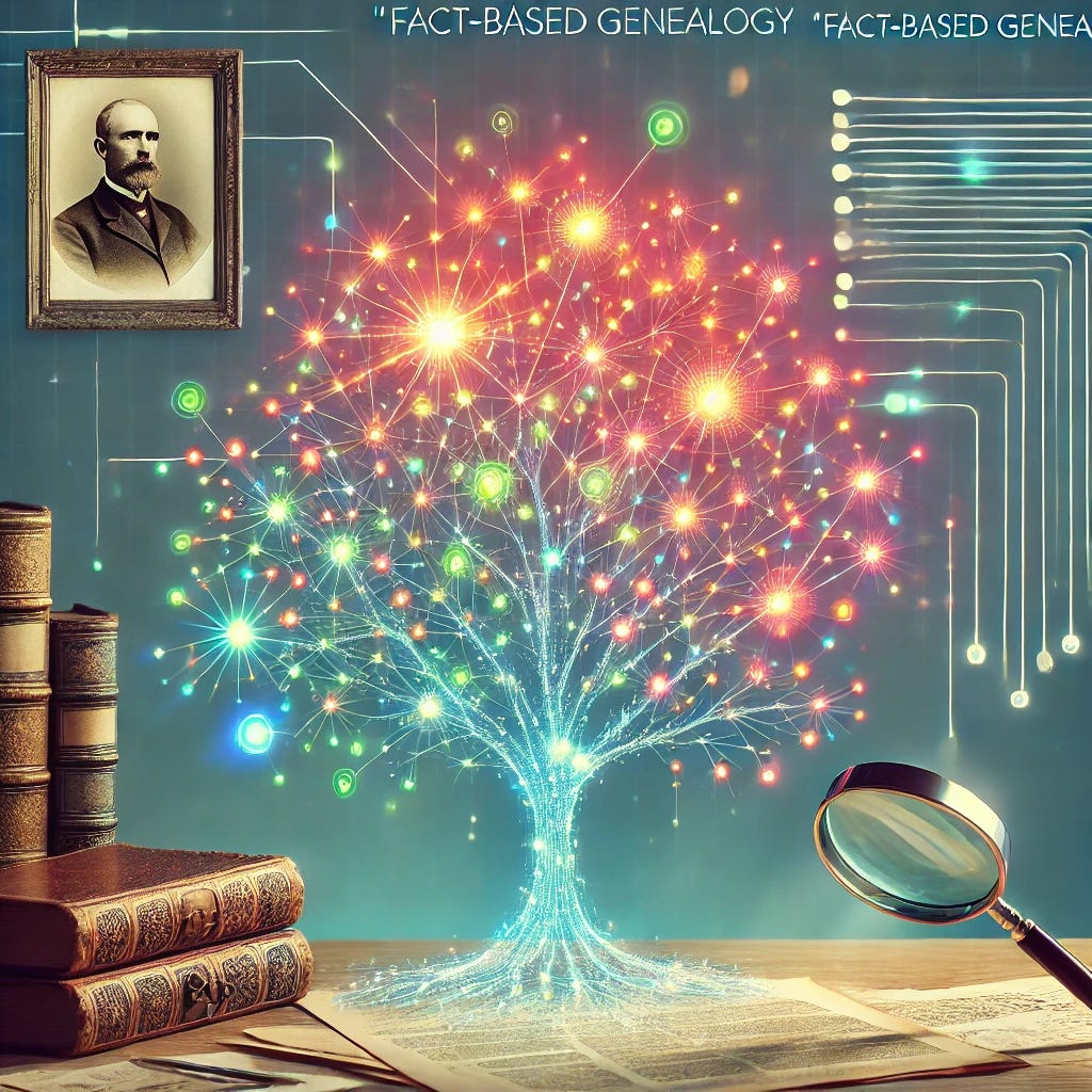 A digital illustration depicting fact-based genealogy incorporates elements like a family tree made of data points, historical documents, and tools symbolizing research.