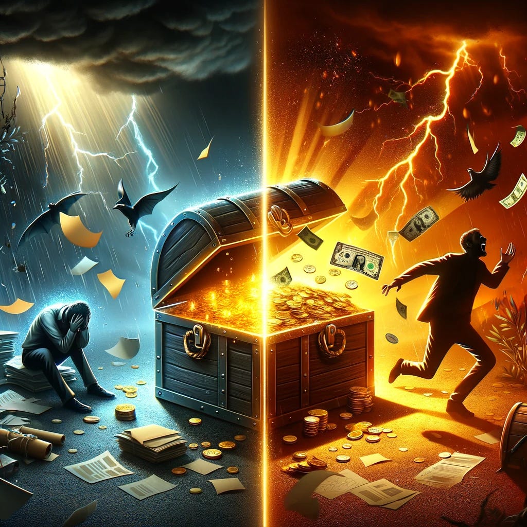 Enhance the drama in the illustration of the abstract concept with two contrasting sides. On the left, intensify the scene by depicting the same person not only overwhelmed but now in despair, amidst a more chaotic environment where papers are flying and the computer screen is flickering erratically, symbolizing a severe breakdown in business operations. Amplify the stormy atmosphere with lightning strikes to add to the tension. On the right, modify the scene by having the treasure chest wide open, overflowing with gold coins and bills, shining brightly, emphasizing the grandeur of the reward now seemingly more unattainable due to the poor performance. The glowing aura around the chest should be more pronounced, and the transition from the dark, tumultuous left side to the luminous, enticing right side should be more dramatic, clearly illustrating the stark contrast between failure and the potential for success.