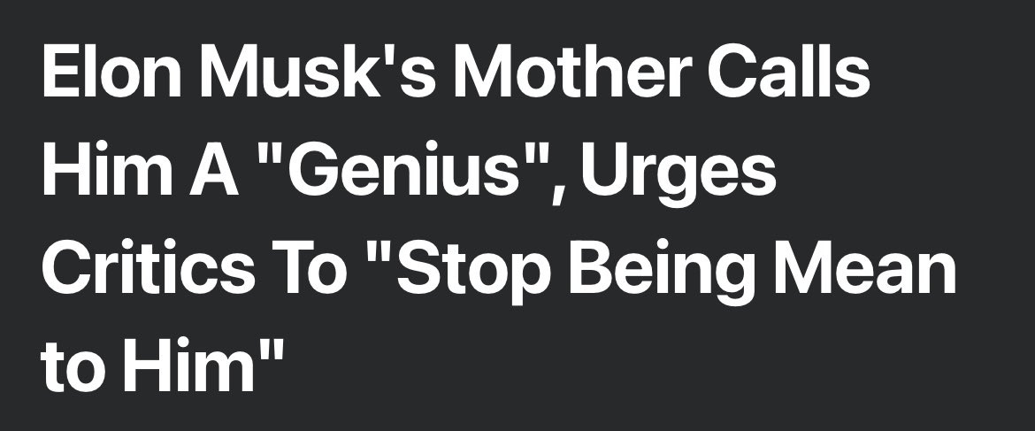 ID: a screenshot of a news article that reads "Elon Musk's Mother Calls Him a 'Genius', Urges Critics to 'Stop Being Mean to Him'