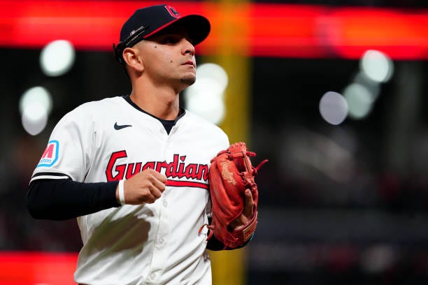Andrés Giménez of the Cleveland Guardians jogs back to the dugout during Game 4 of the ALCS presented by loanDepot between the New York Yankees and...