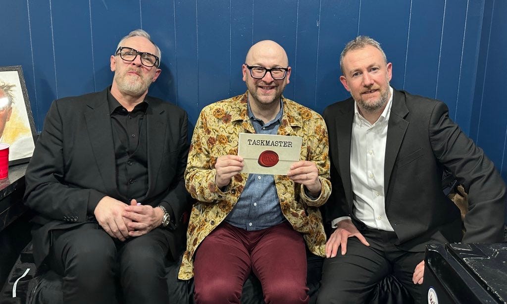 Me sitting backstage at Rodney's comedy club with Greg Davies and Alex Horne.