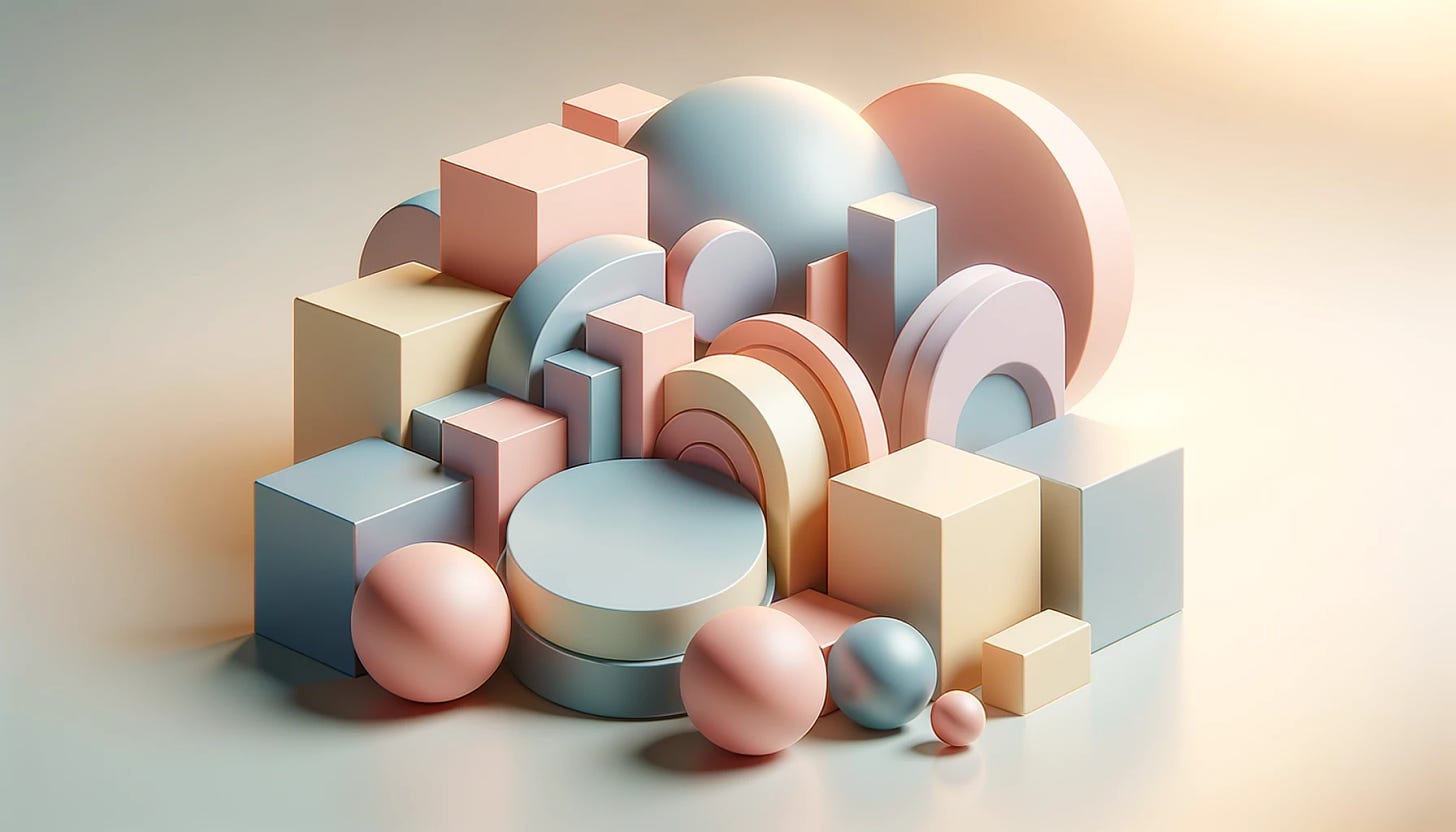 Photorealistic image showcasing a variety of abstract geometric shapes. Each shape stands out in its own distinct pastel hue. They overlap and interact in a harmonious manner, creating a visually pleasing scene with soft light reflections.