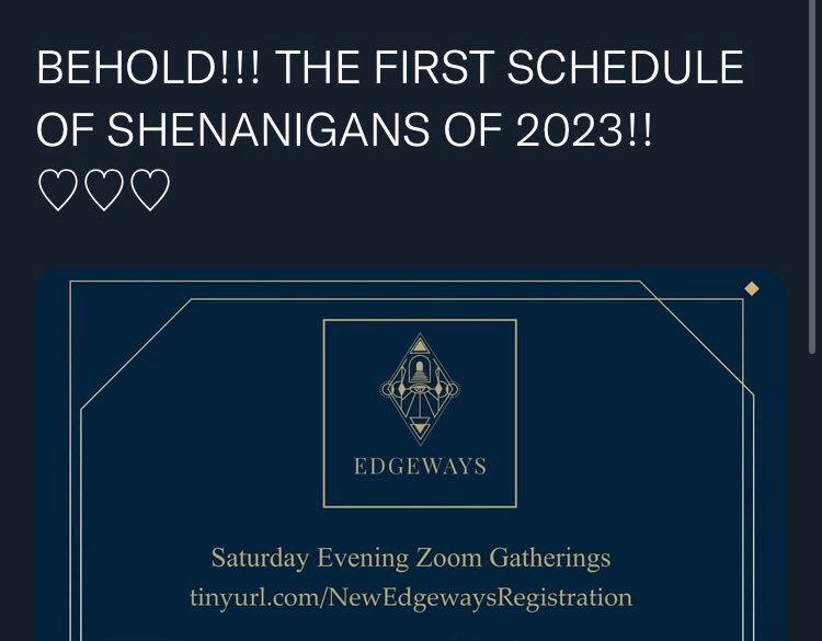 A screenshot: "BEHOLD! THE FIRST SCHEDULE OF SHENANIGANS 2023!" Saturday evening Zoom gatherings.