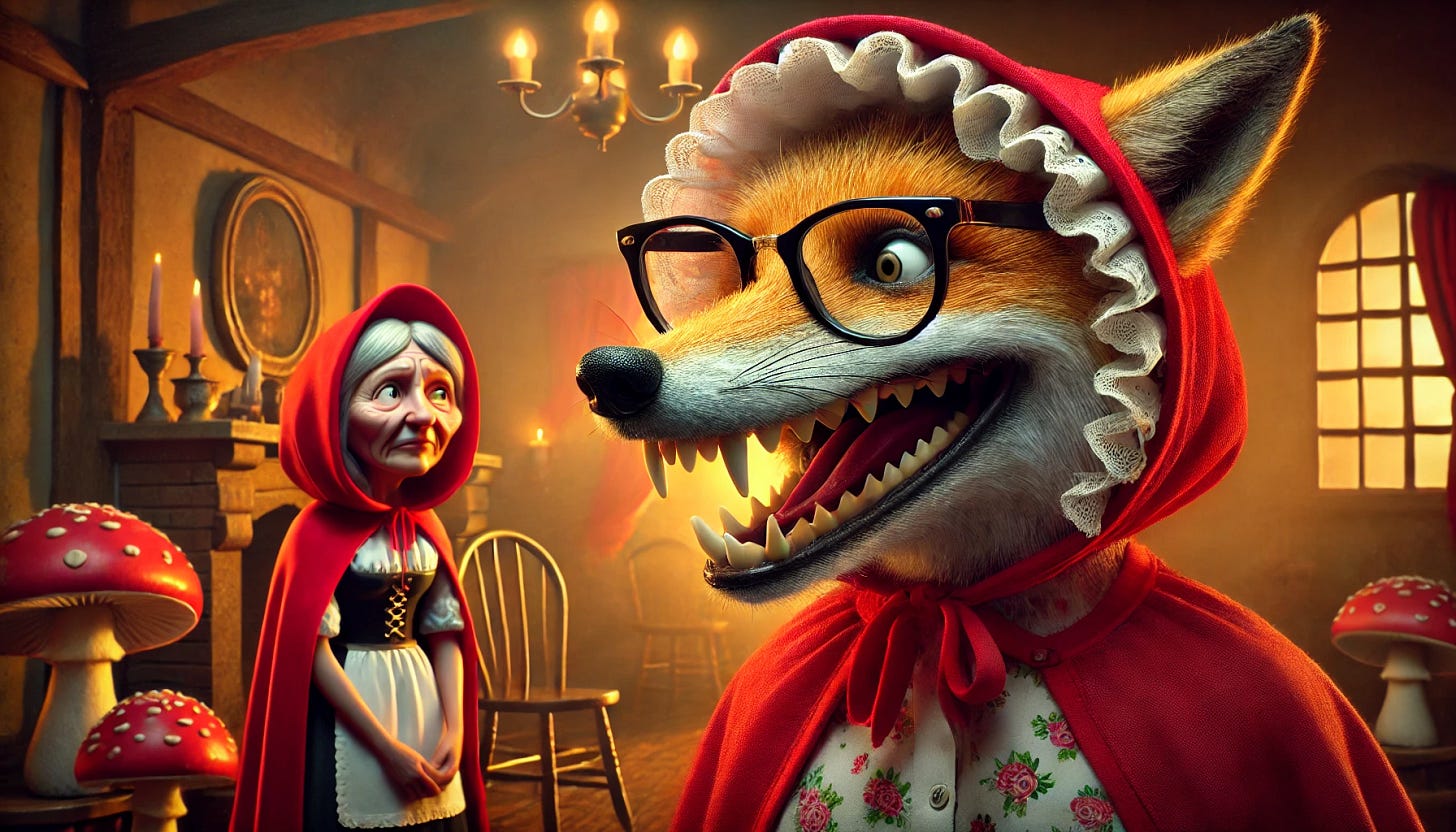 A surreal and exaggerated depiction of the classic 'Little Red Riding Hood' scene where the fox is in grandmother’s disguise. The fox should have an absurdly oversized bonnet, comically tiny glasses perched on its nose, and exaggeratedly large, sharp teeth peeking from its fake smile. Little Red Riding Hood, standing nearby, should have a highly skeptical expression, as if she is questioning the ridiculousness of the disguise. The setting is a cozy, exaggerated fairy tale-style cottage with warm lighting, but with an off-kilter, slightly surreal atmosphere to enhance the absurdity of the moment.