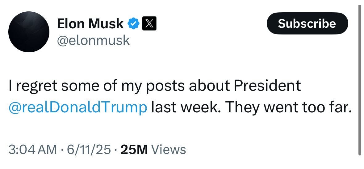May be a meme of text that says 'X Elon Musk @elonmusk Subscribe I regret some some of my posts about President @realDonaldTrump last week. They went too far. 3:04A 3:04M6/11/25 6/11/25 25M Views Views'