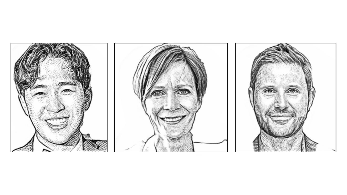 Wall Street Journal–style stippled portrait illustrations of the three expert panelists featured in the Ventech “AI Impacts & Implications” Summit. From left to right: David Wang (Alpha Design AI), Heike Schirmer (Yogi), and Dr. Paul Leonardi (UCSB). Each is shown in a square-framed, black-and-white editorial sketch with finely detailed linework. Wall Street Journal–style stippled portrait illustrations of the three expert panelists featured in the Ventech “AI Impacts & Implications” Summit. From left to right: David Wang (Alpha Design AI), Heike Schirmer (Yogi), and Dr. Paul Leonardi (UCSB). Each is shown in a square-framed, black-and-white editorial sketch with finely detailed linework.