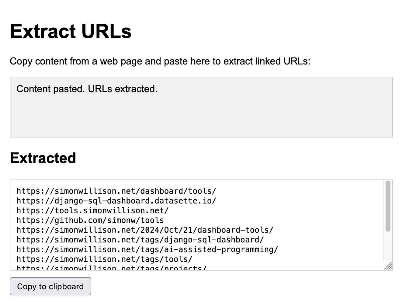 Extract URLs tool. Content pasted. URLs extracted. Shows a list of extracted URLs.