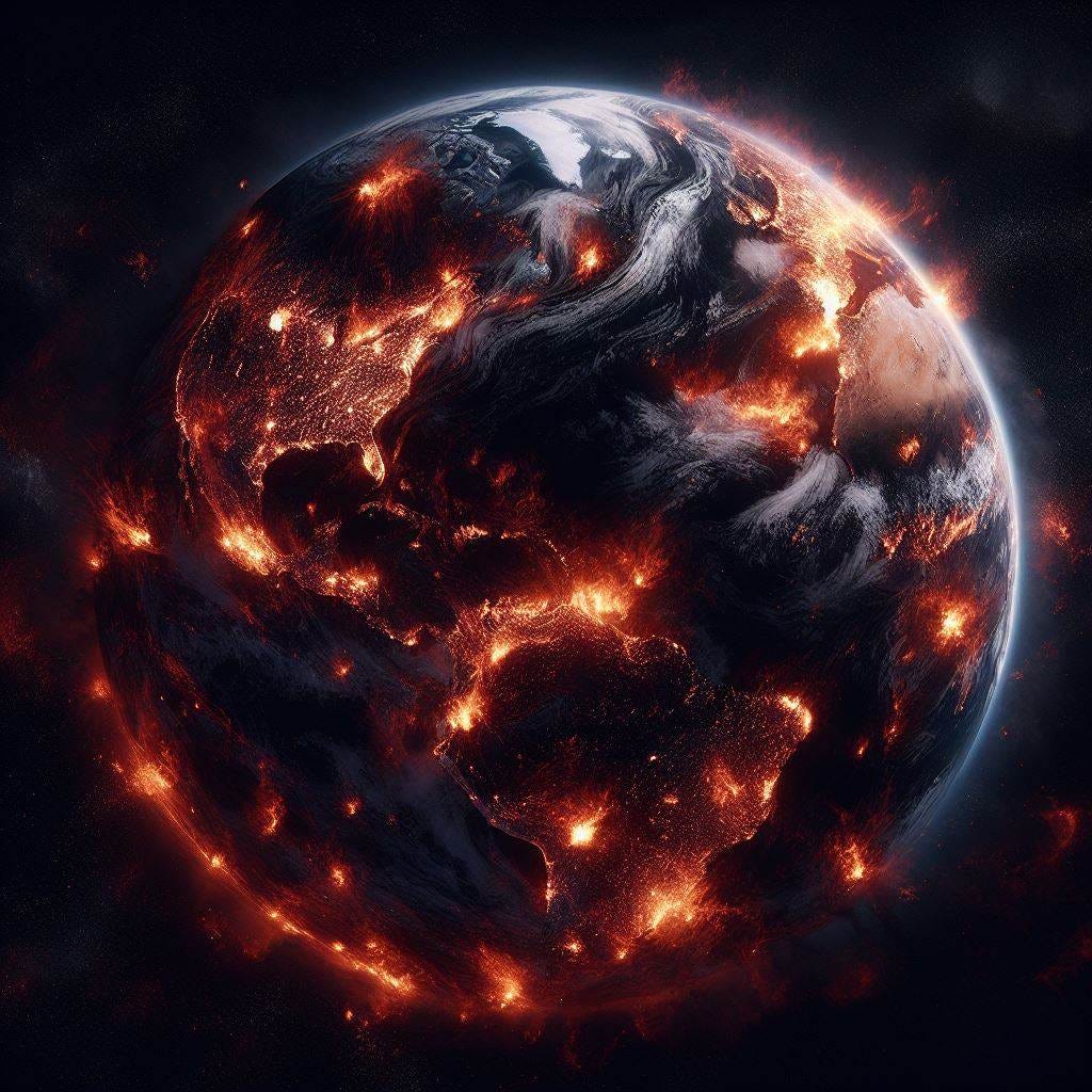 Planet earth engulfed in flames, with raging fires visible on the continents, hyperrealistic, dark and ominous.  