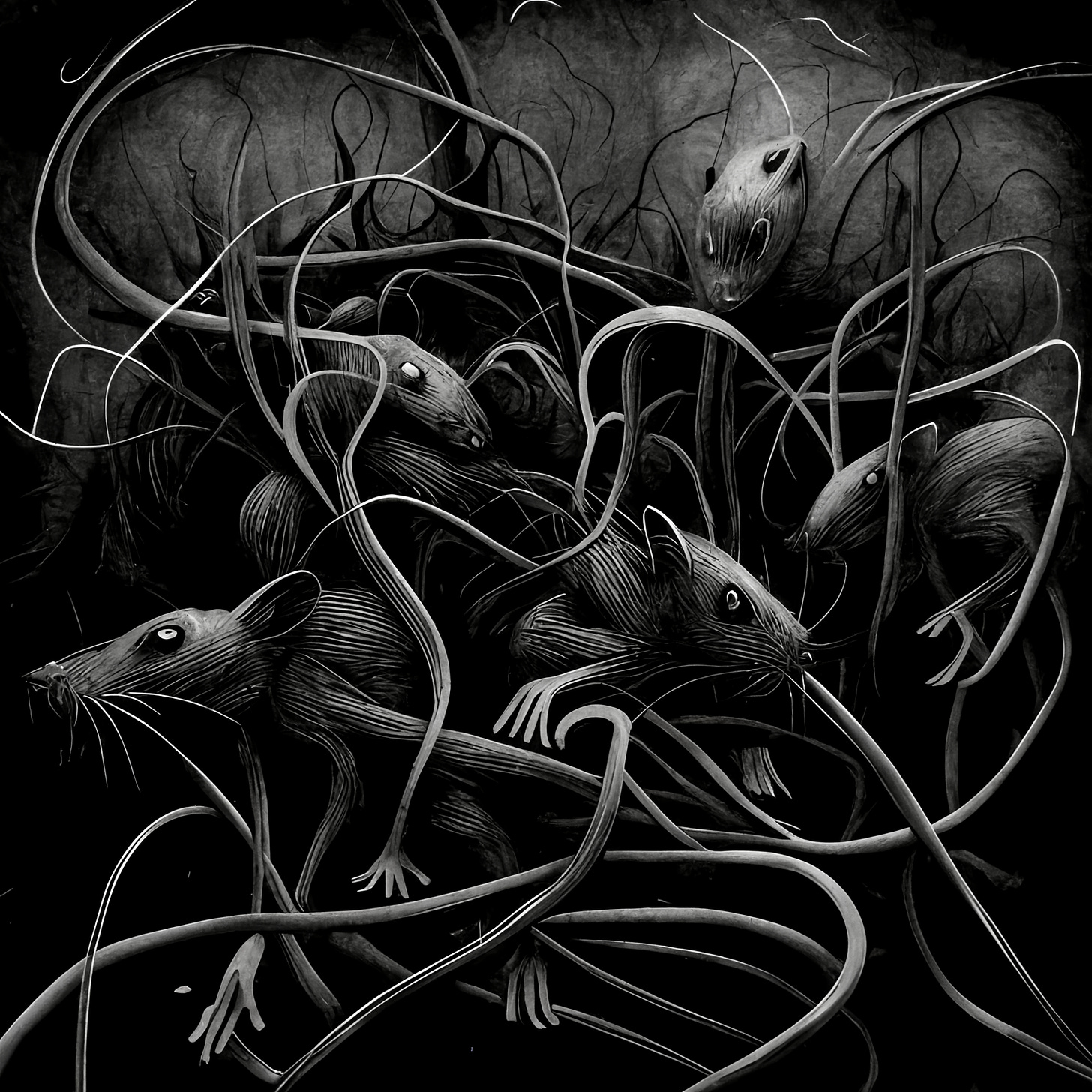 A mass of rats with tangled tails. Charcoal horror illustration.
