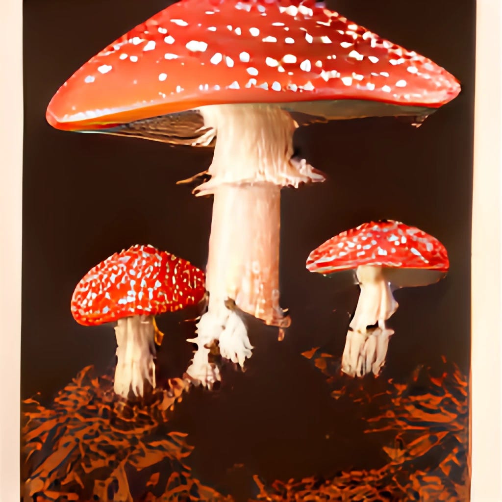 An expressionist painting-like image with three fly agaric mushrooms with bright red dotted caps.