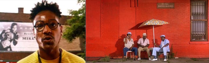 This diptych shows, on the left, the Do the Right Thing character Buggin' Out (played by Giancarlo Esposito) and, on the right, the Corner Men (played by--left to right--Paul Benjamin, Robin Harris, & Frankie Faison). Buggin' Out stands in front of a mural of boxer Mike Tyson, while the Corner Men sit in front of a fire-engine-red brick wall.