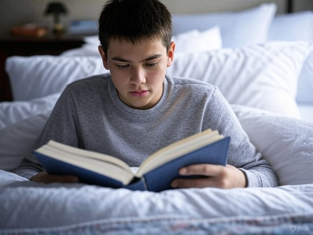 un joven lee un libro en su habitación