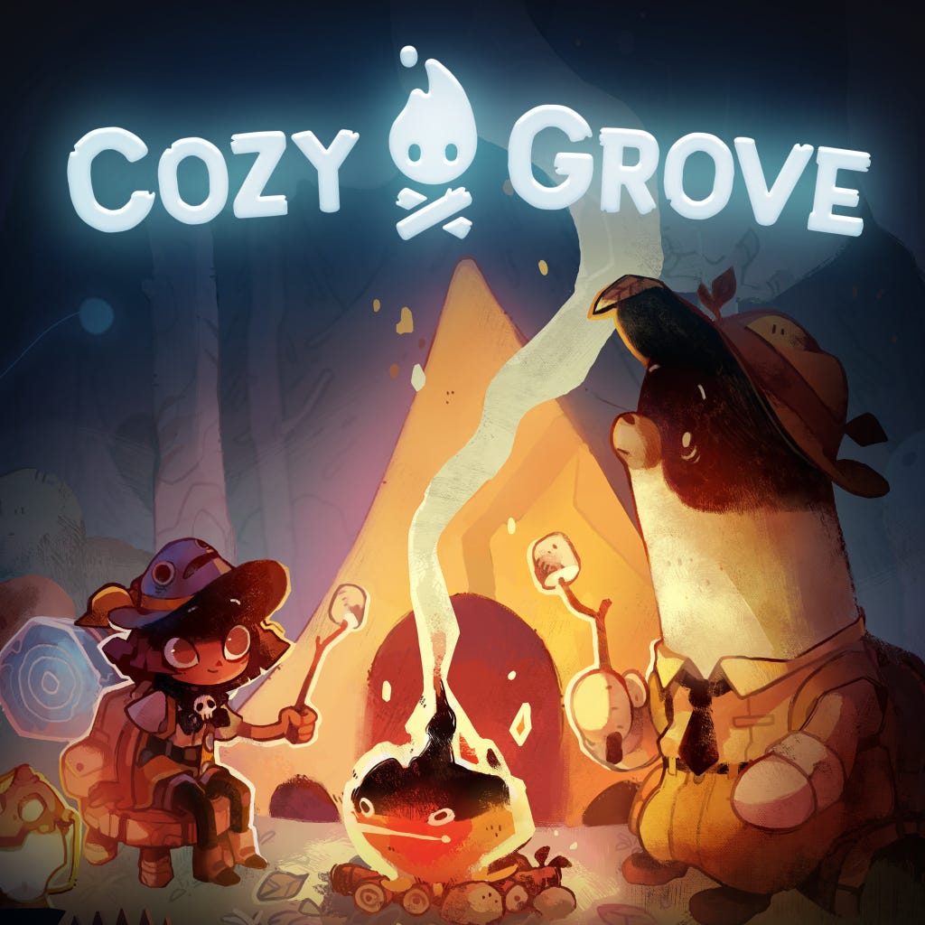 Text reads: Cozy Grove. Image: scout and bear roasting marshmallows over campfire with tent in the background.